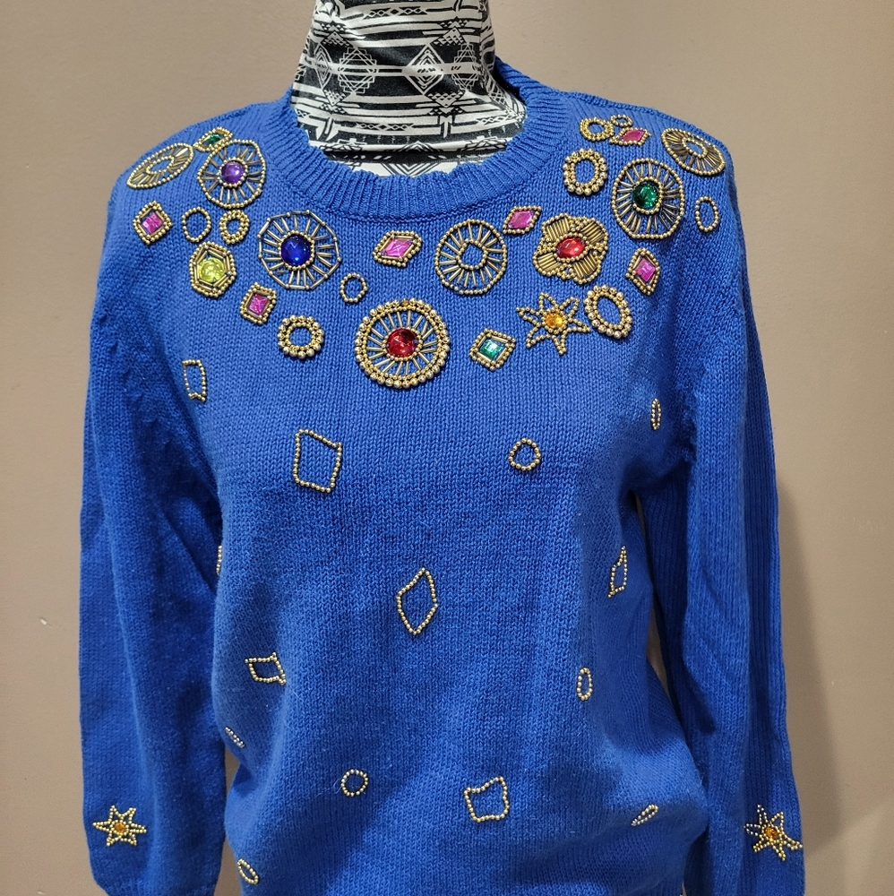 Vintage Blue Bedazzled Sweater Sequins Beads Jewels Sz M Knit Pullover